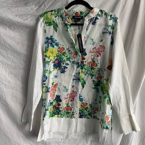 Linen flower print button down tunic shirt